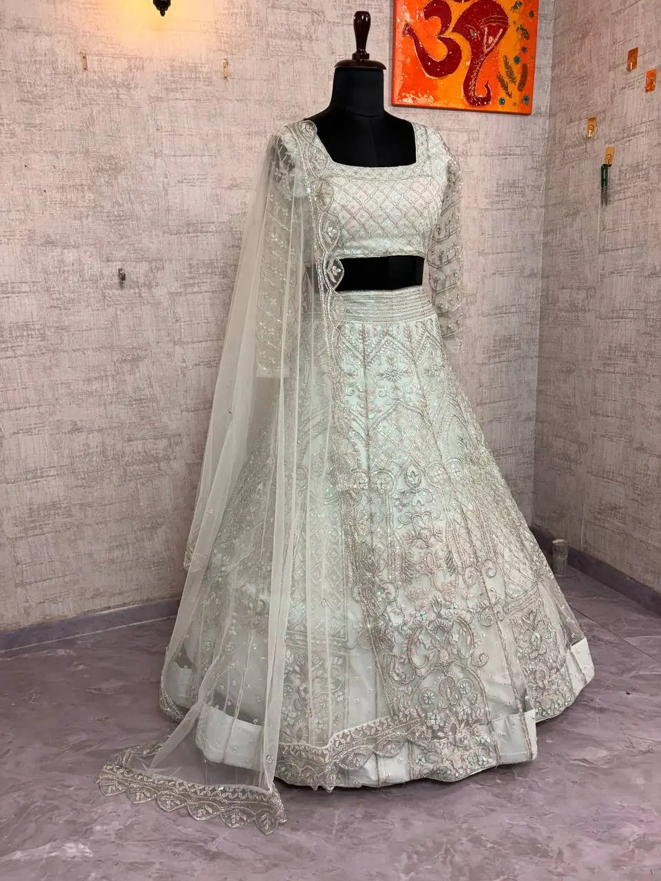 Pastel Grey Embroidered Diamond Silk Lehenga Set