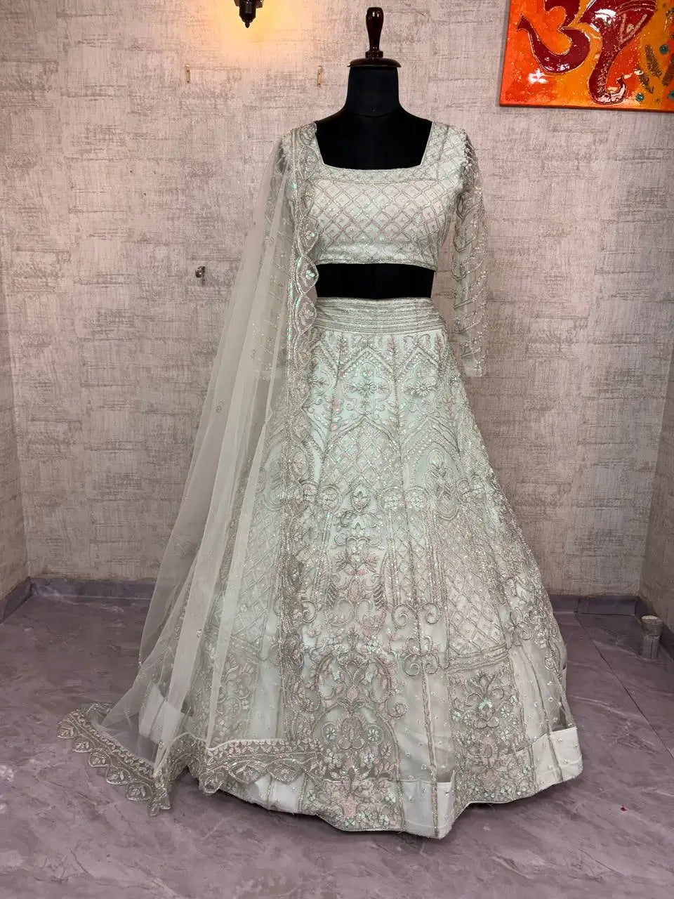 Pastel Grey Embroidered Diamond Silk Lehenga Set