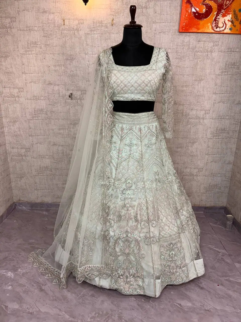 Pastel Grey Embroidered Diamond Silk Lehenga Set