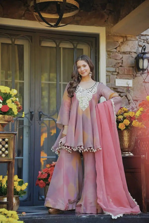Pastel Mauve Heavy Cosmos Silk Mirror Work Gown Plazzo Set with Lace Dupatta | Festive Wedding Wear