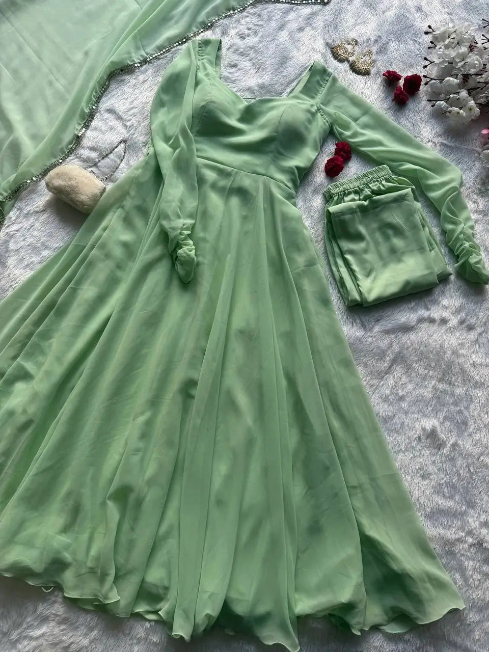 Pastel Mint Green & Lavender Georgette Anarkali Suit Set with 8 Meter Flair & Mirror Lace Dupatta