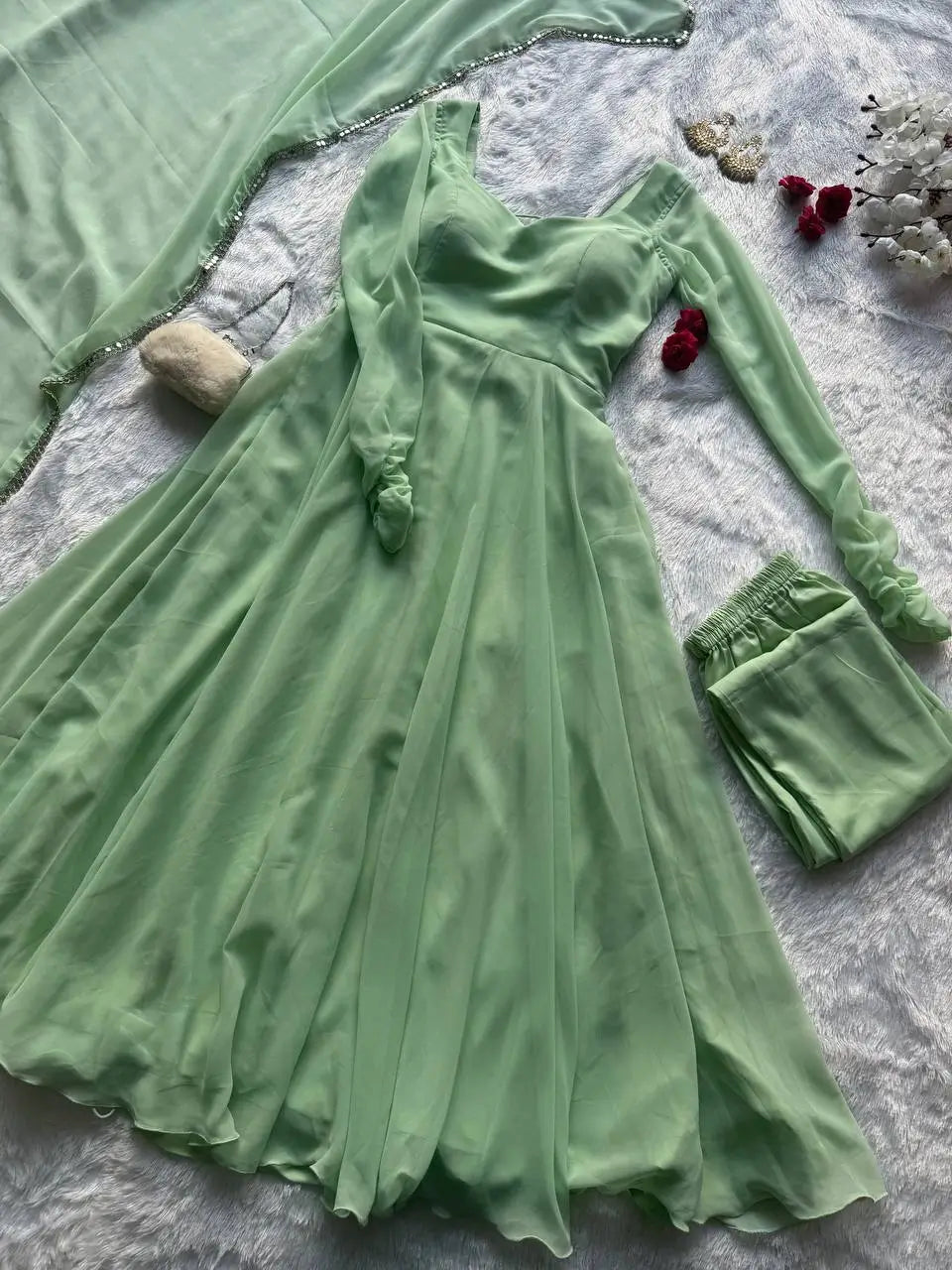 Pastel Mint Green & Lavender Georgette Anarkali Suit Set with 8 Meter Flair & Mirror Lace Dupatta