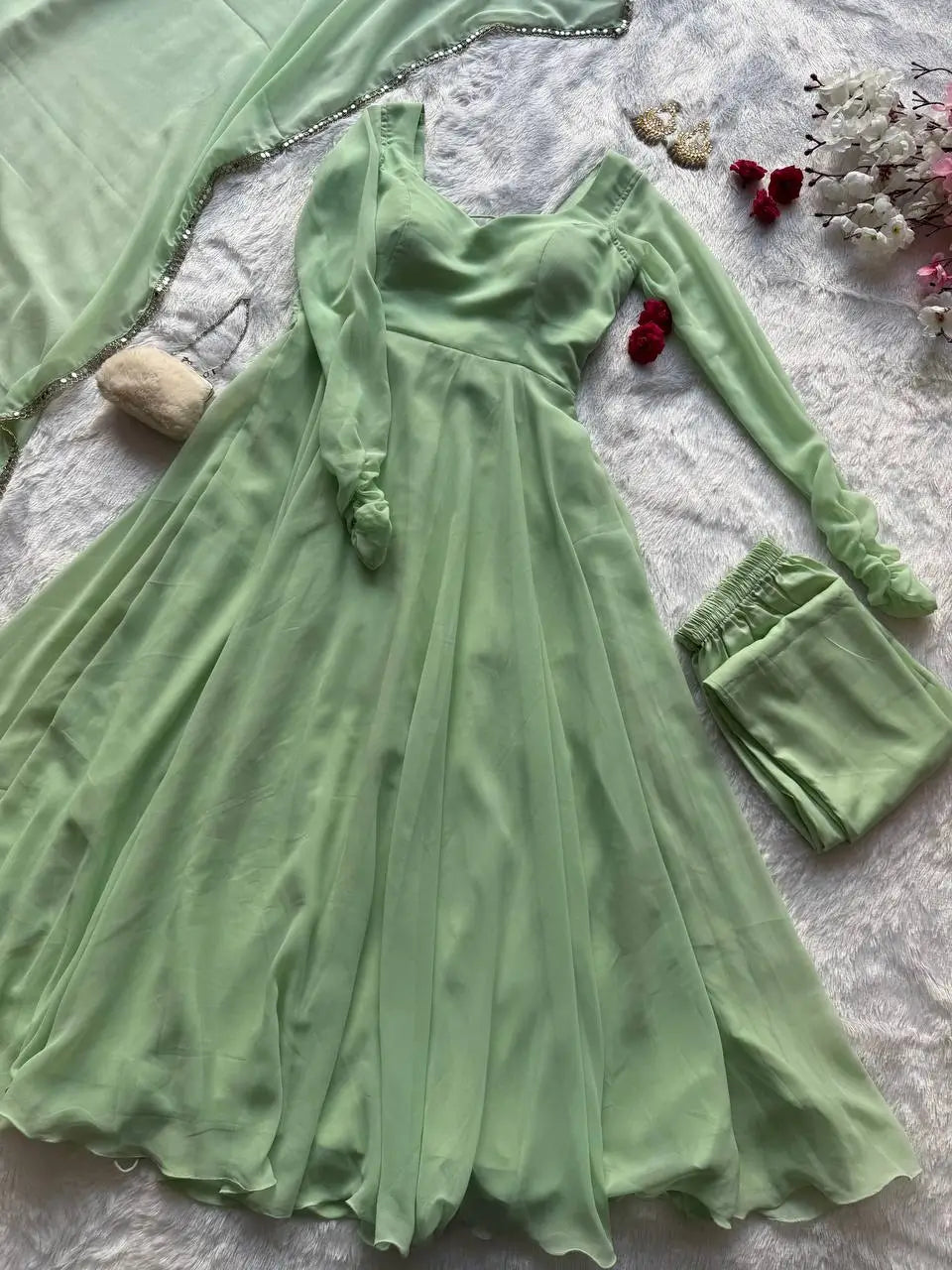 Pastel Mint Green & Lavender Georgette Anarkali Suit Set with 8 Meter Flair & Mirror Lace Dupatta