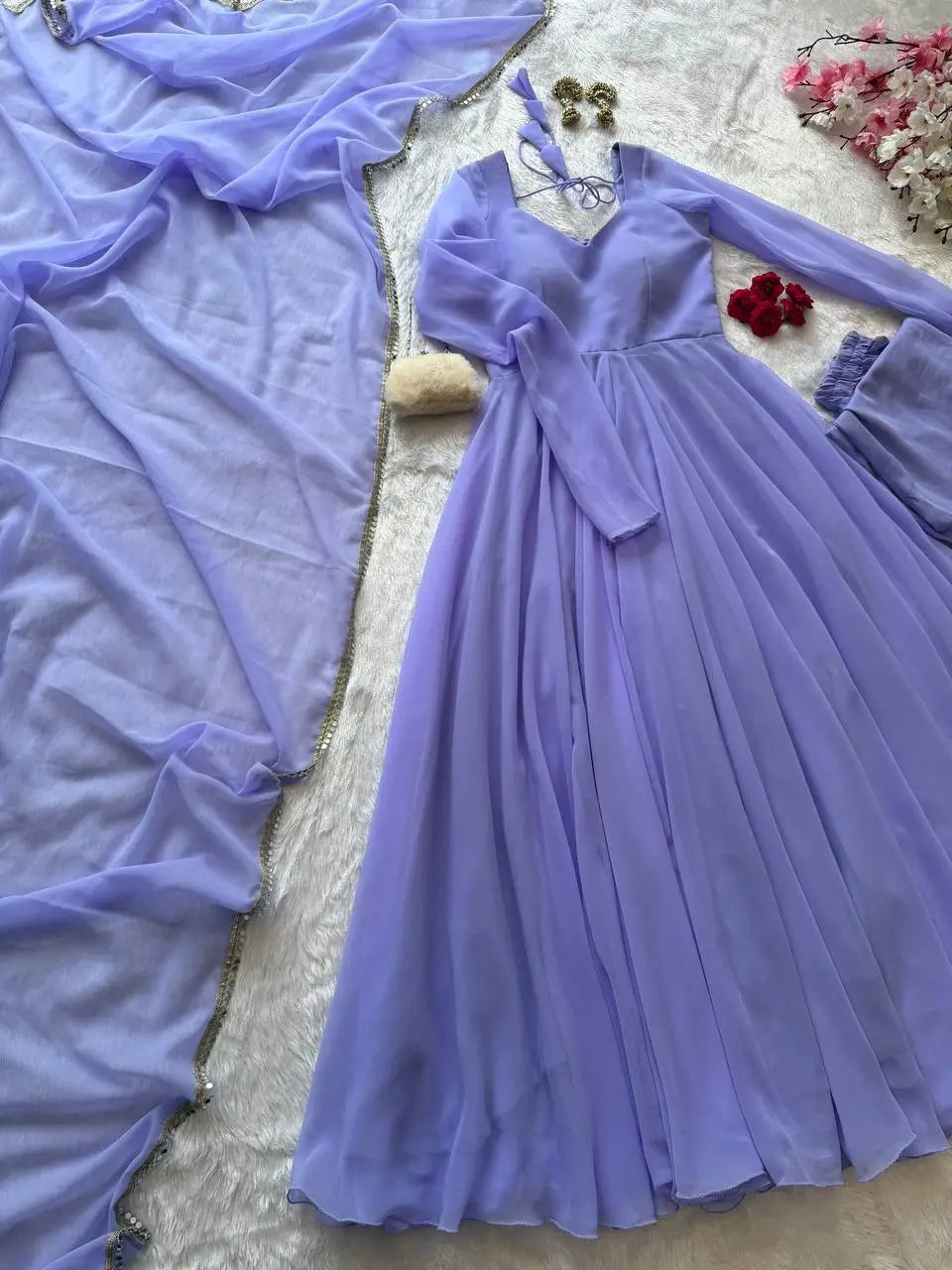 Pastel Mint Green & Lavender Georgette Anarkali Suit Set with 8 Meter Flair & Mirror Lace Dupatta