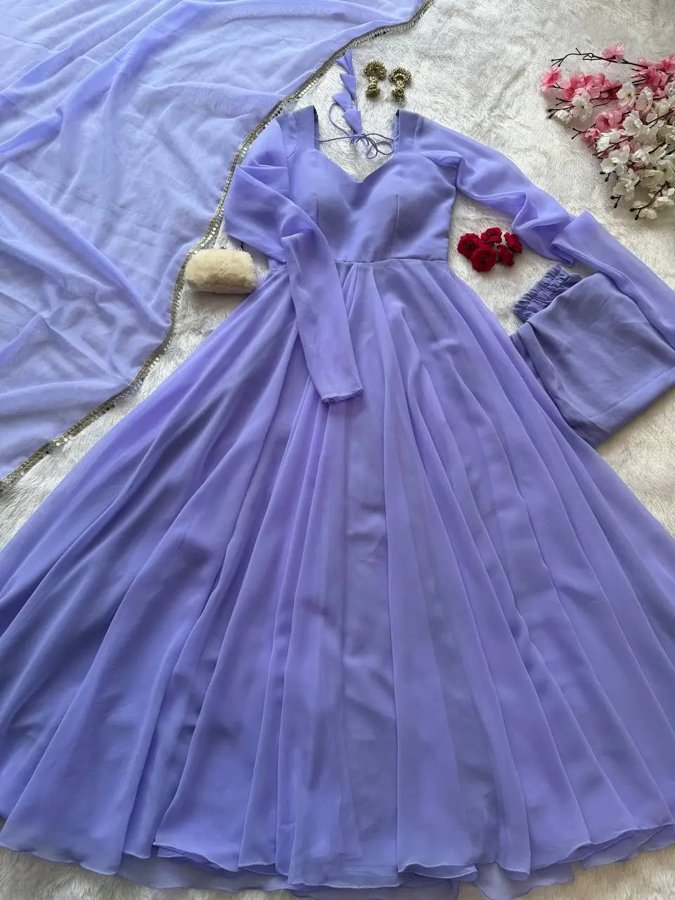 Pastel Mint Green & Lavender Georgette Anarkali Suit Set with 8 Meter Flair & Mirror Lace Dupatta