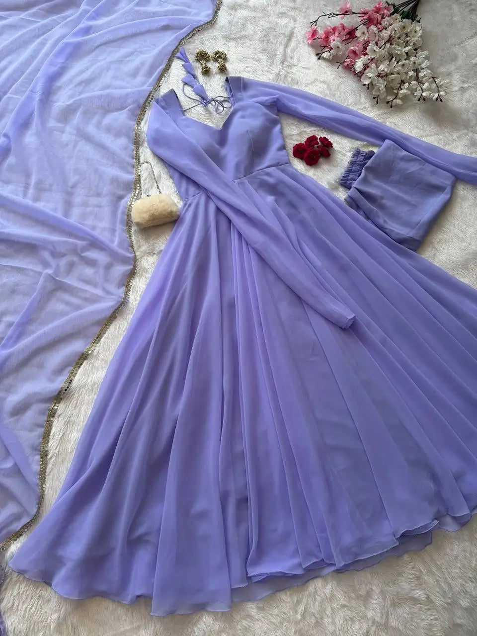 Pastel Mint Green & Lavender Georgette Anarkali Suit Set with 8 Meter Flair & Mirror Lace Dupatta