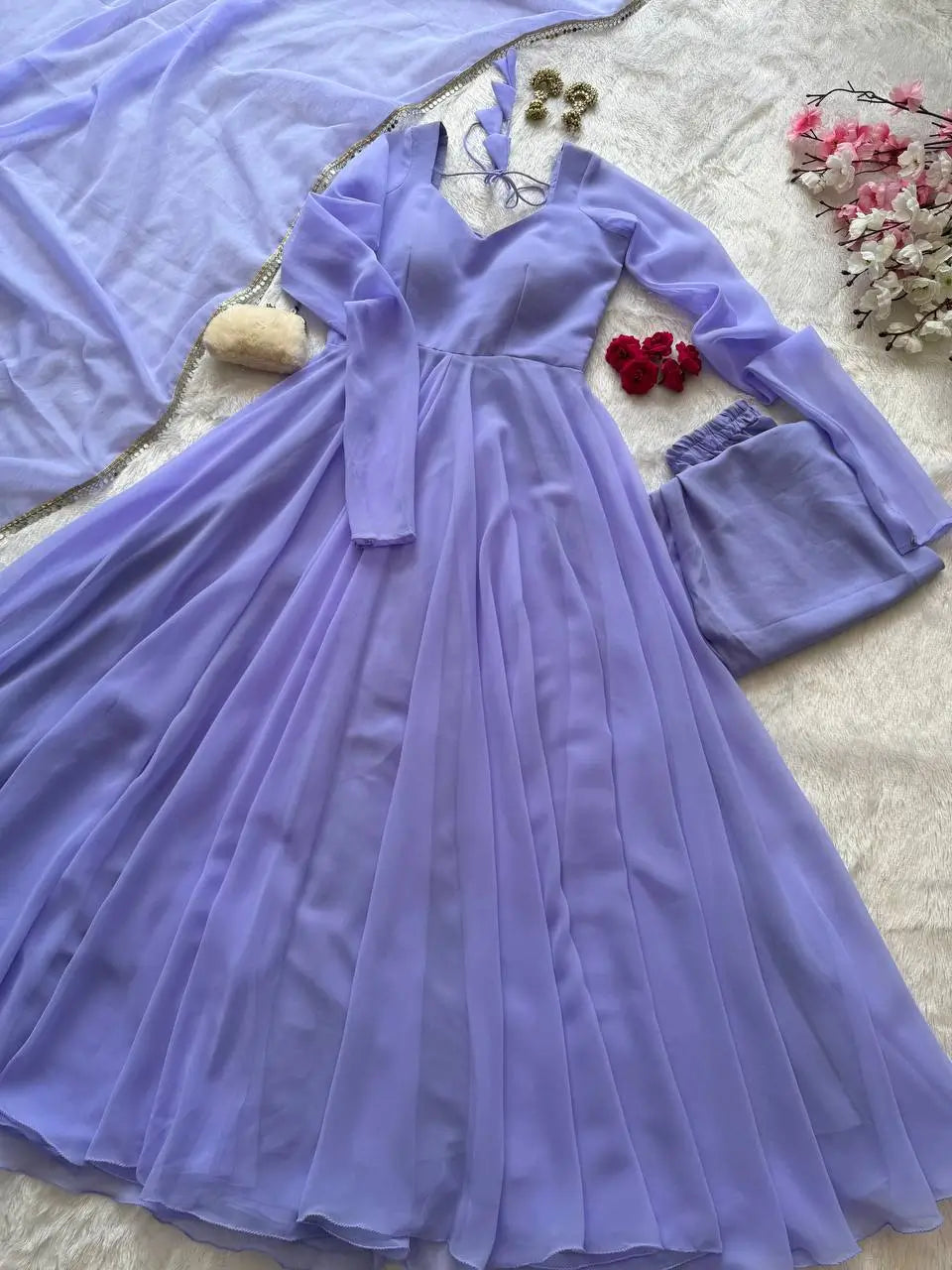 Pastel Mint Green & Lavender Georgette Anarkali Suit Set with 8 Meter Flair & Mirror Lace Dupatta
