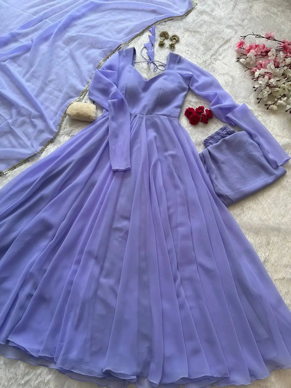 Pastel Mint Green & Lavender Georgette Anarkali Suit Set with 8 Meter Flair & Mirror Lace Dupatta