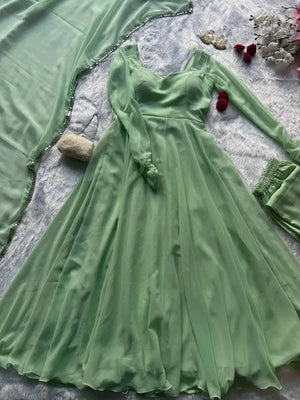 Pastel Mint Green & Lavender Georgette Anarkali Suit Set with 8 Meter Flair & Mirror Lace Dupatta
