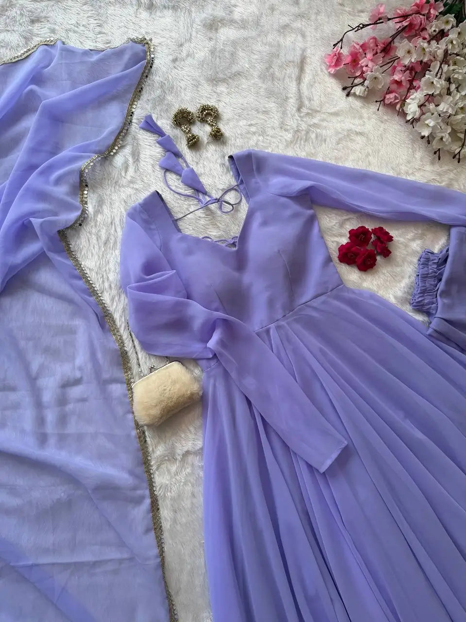 Pastel Mint Green & Lavender Georgette Anarkali Suit Set with 8 Meter Flair & Mirror Lace Dupatta