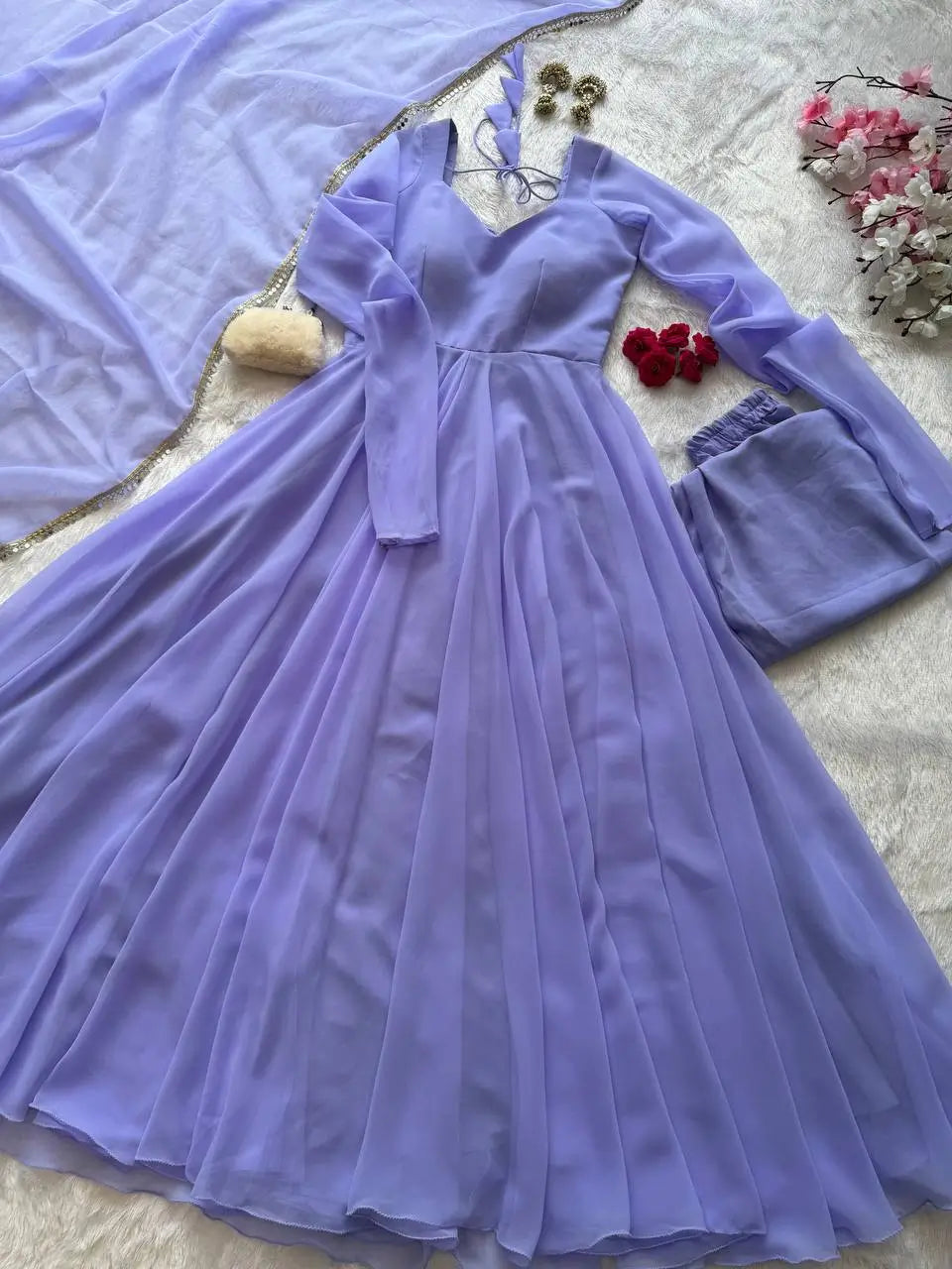 Pastel Mint Green & Lavender Georgette Anarkali Suit Set with 8 Meter Flair & Mirror Lace Dupatta