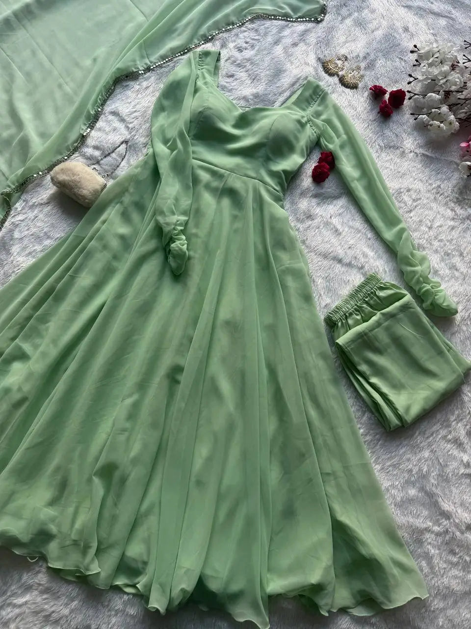 Pastel Mint Green & Lavender Georgette Anarkali Suit Set with 8 Meter Flair & Mirror Lace Dupatta