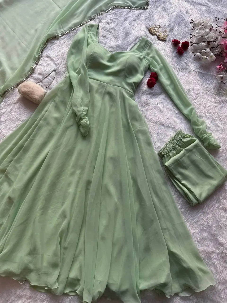 Pastel Mint Green & Lavender Georgette Anarkali Suit Set with 8 Meter Flair & Mirror Lace Dupatta