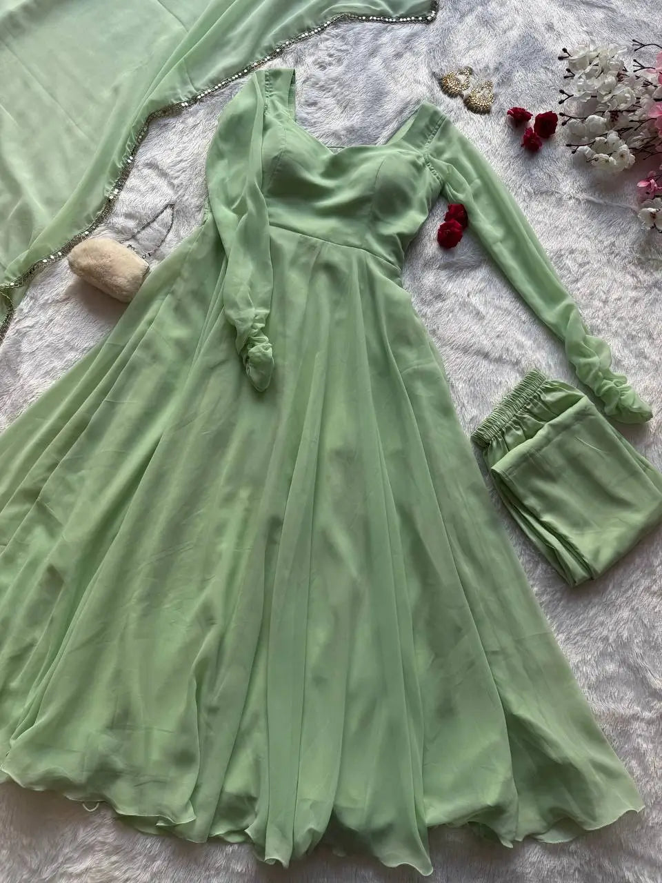 Pastel Mint Green & Lavender Georgette Anarkali Suit Set with 8 Meter Flair & Mirror Lace Dupatta