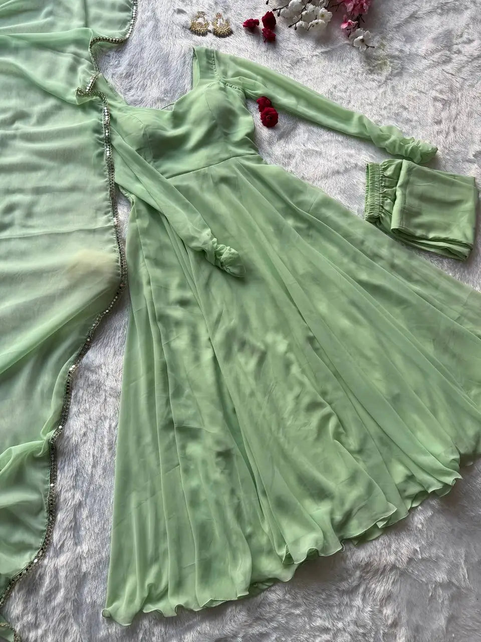 Pastel Mint Green & Lavender Georgette Anarkali Suit Set with 8 Meter Flair & Mirror Lace Dupatta
