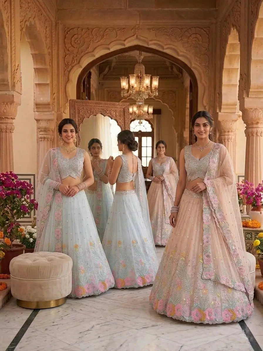 Pastel Organza Embroidered Lehenga Choli Set for Wedding and Festive Occasions