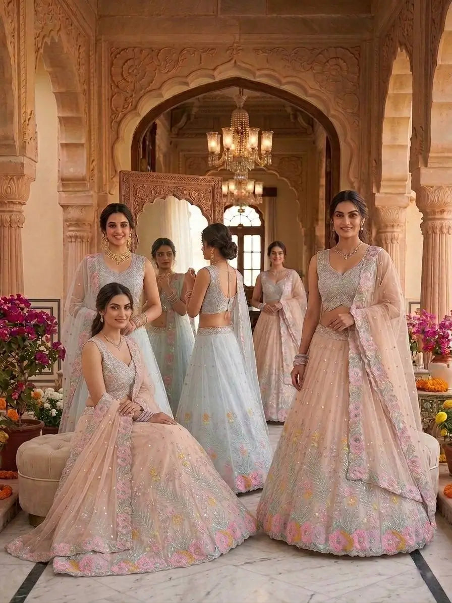 Pastel Organza Embroidered Lehenga Choli Set for Wedding and Festive Occasions
