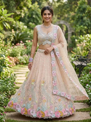 Pastel Organza Embroidered Lehenga Choli Set for Wedding and Festive Occasions