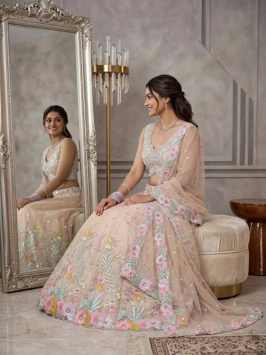 Pastel Organza Embroidered Lehenga Choli Set for Wedding and Festive Occasions