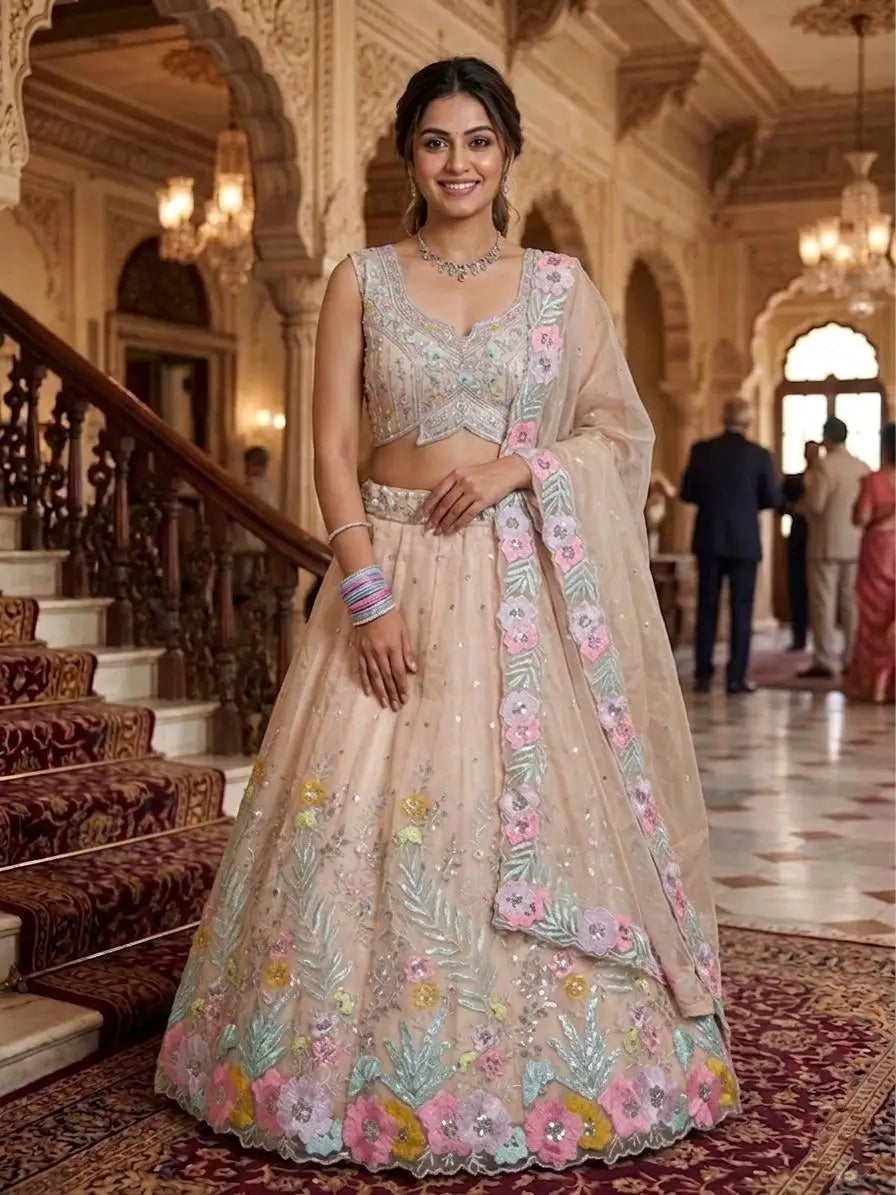 Pastel Organza Embroidered Lehenga Choli Set for Wedding and Festive Occasions