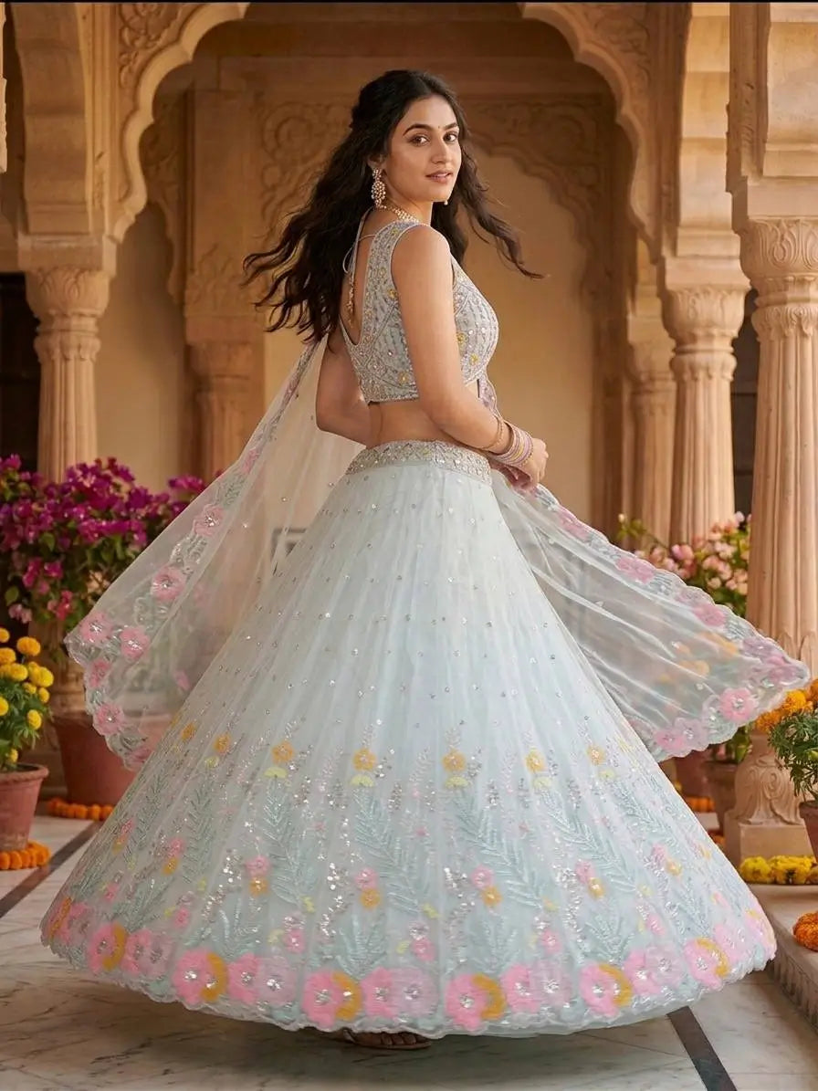 Pastel Organza Embroidered Lehenga Choli Set for Wedding and Festive Occasions