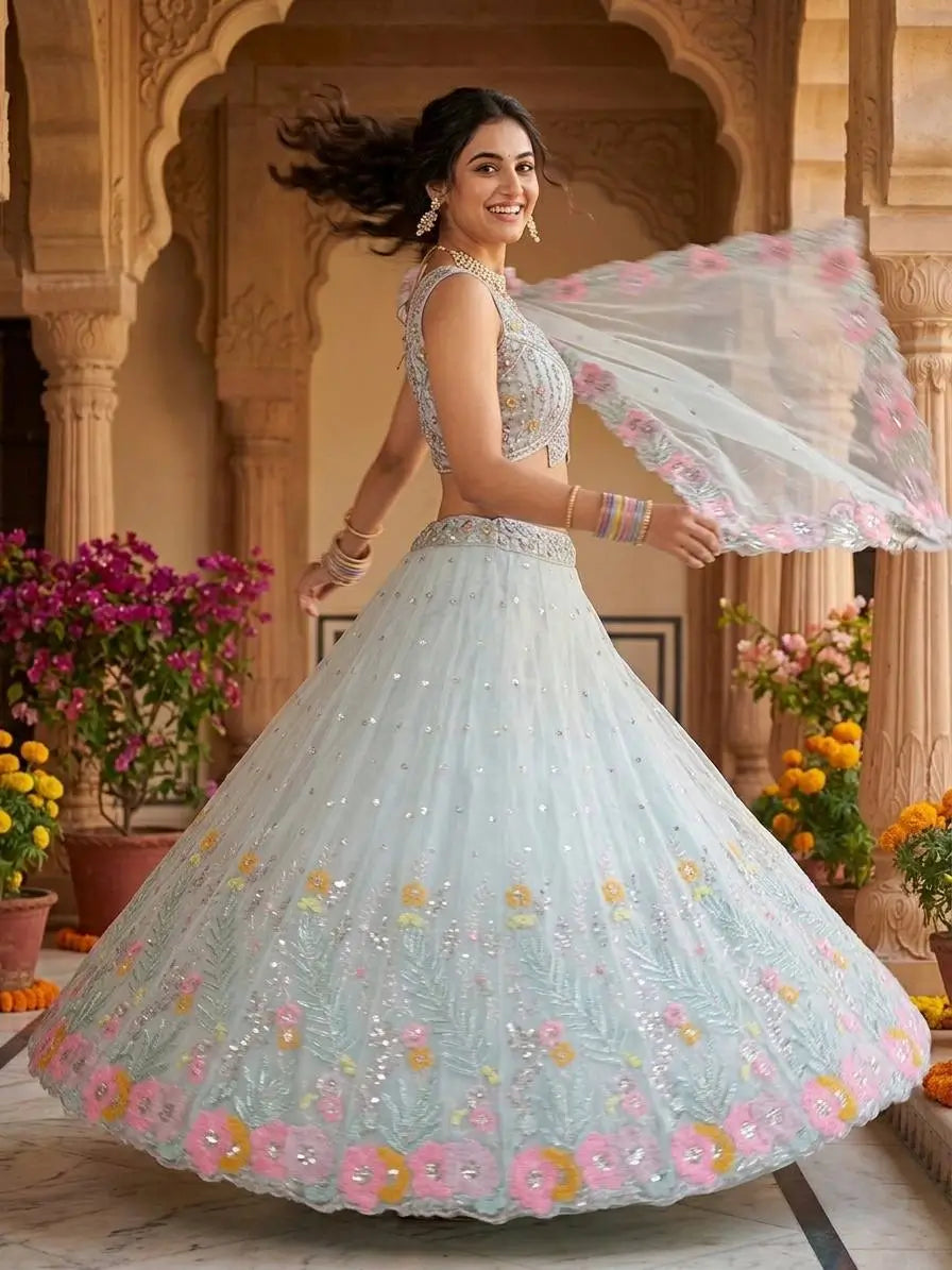 Pastel Organza Embroidered Lehenga Choli Set for Wedding and Festive Occasions