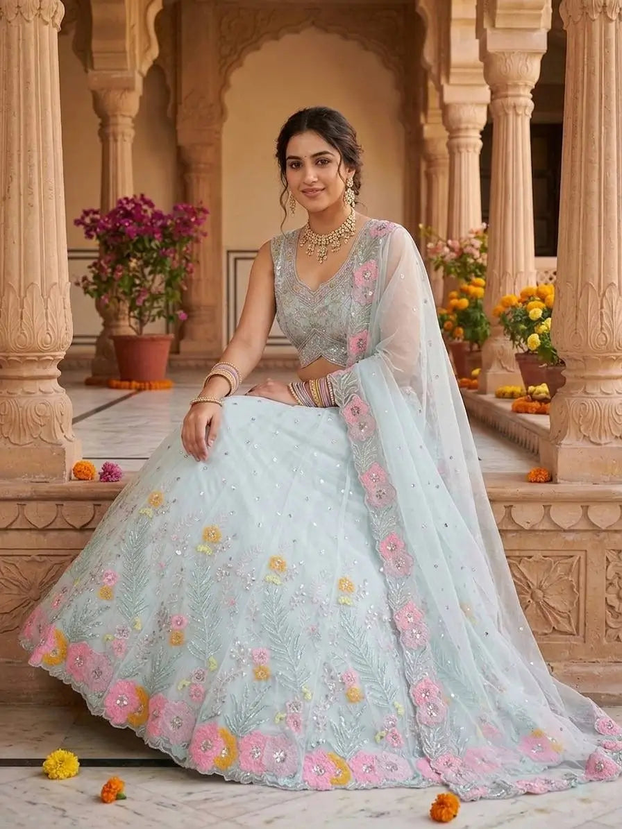 Pastel Organza Embroidered Lehenga Choli Set for Wedding and Festive Occasions