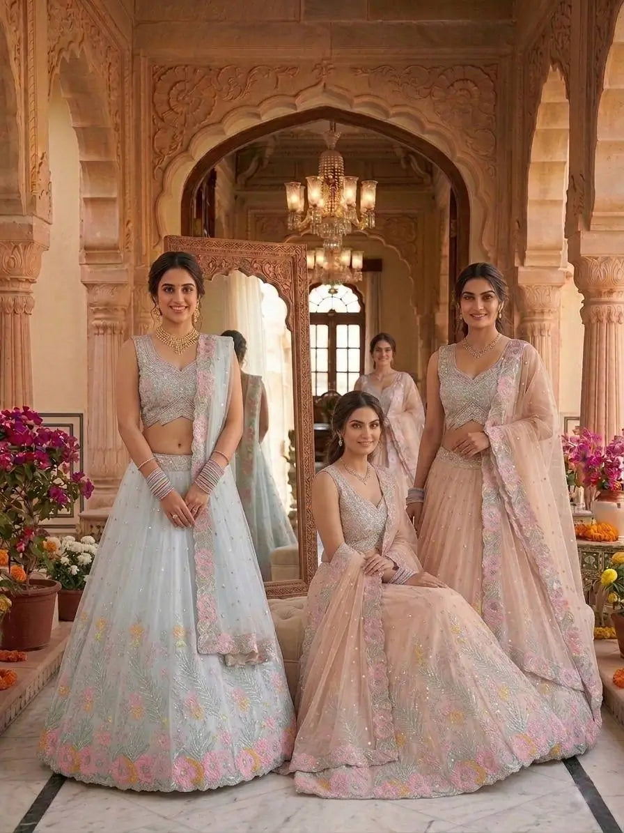 Pastel Organza Embroidered Lehenga Choli Set for Wedding and Festive Occasions