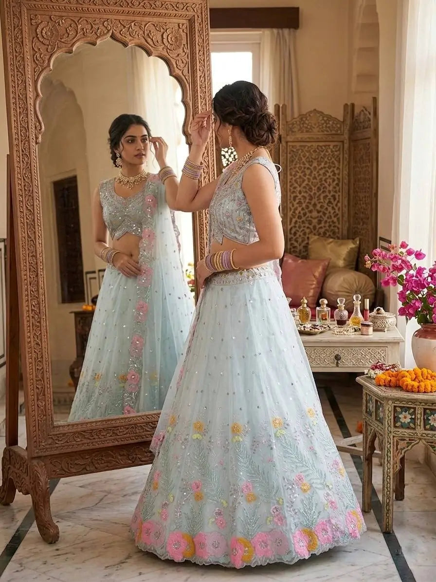 Pastel Organza Embroidered Lehenga Choli Set for Wedding and Festive Occasions