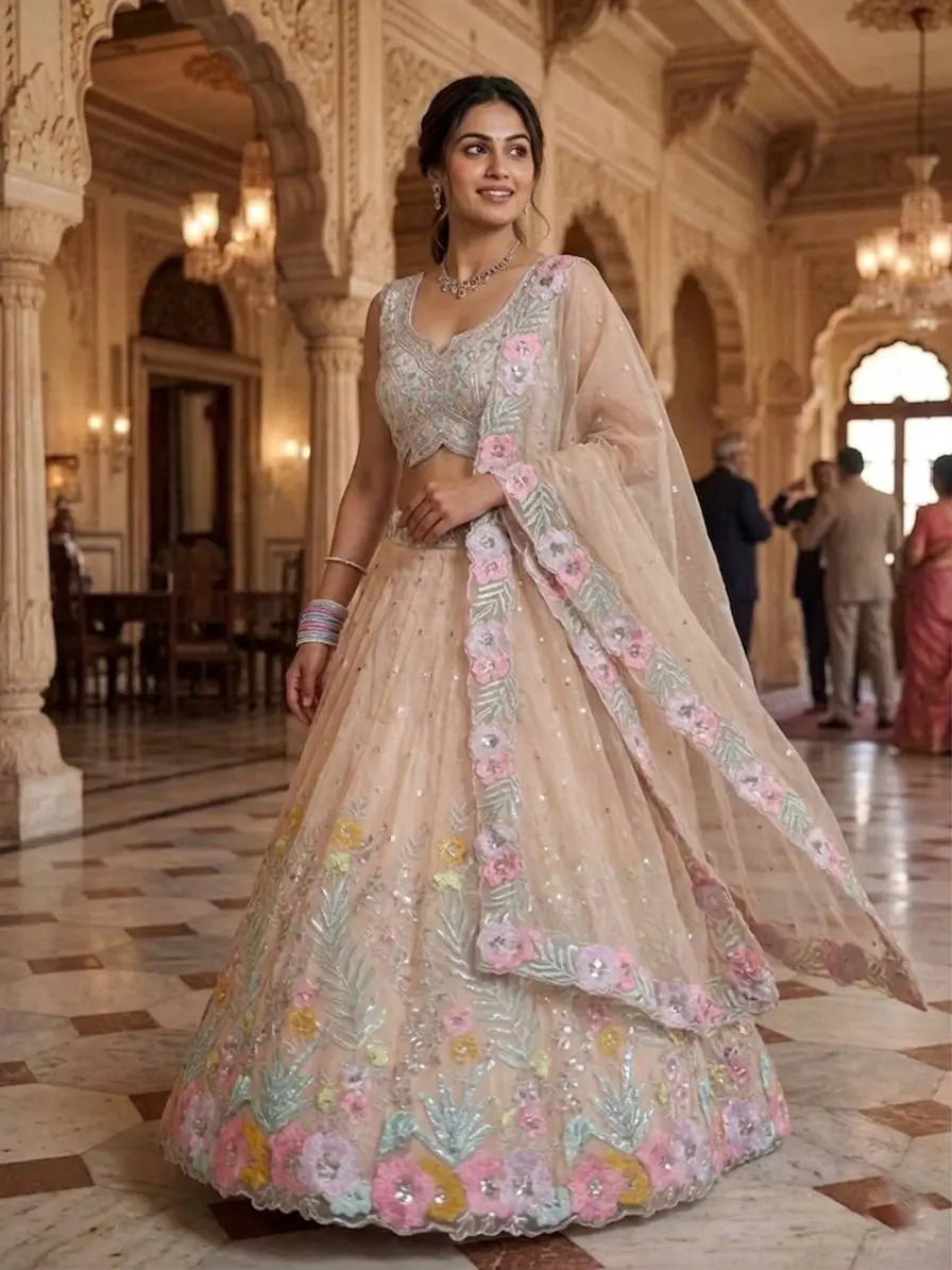Pastel Organza Embroidered Lehenga Choli Set for Wedding and Festive Occasions
