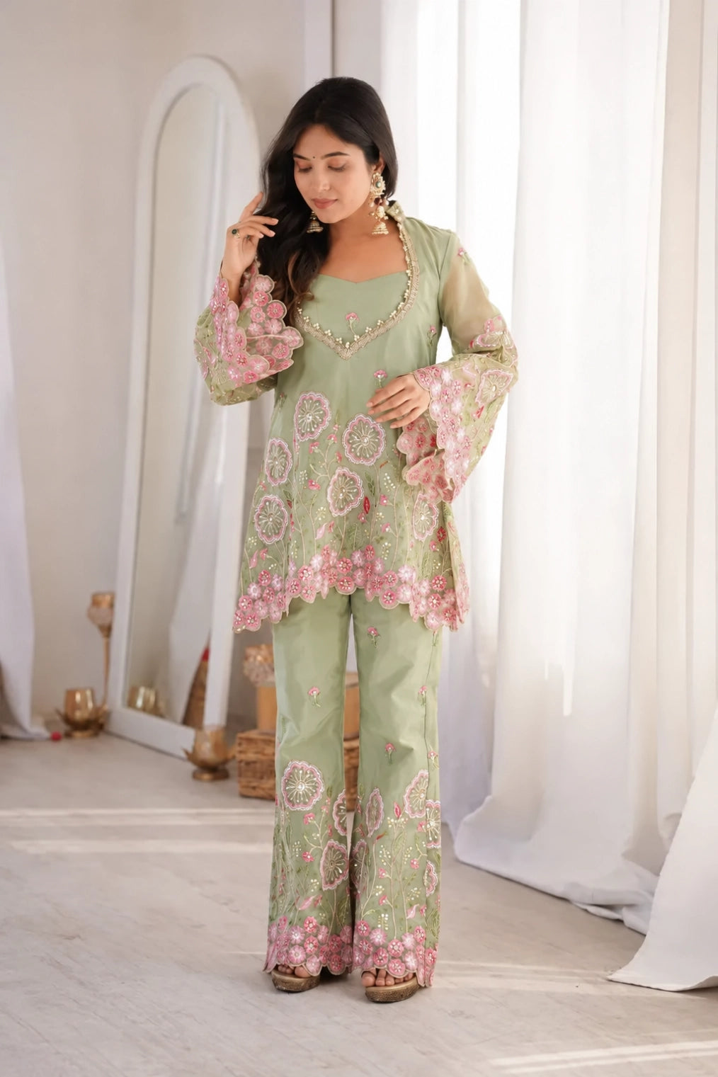 Sage Floral Sequin Kurta Set