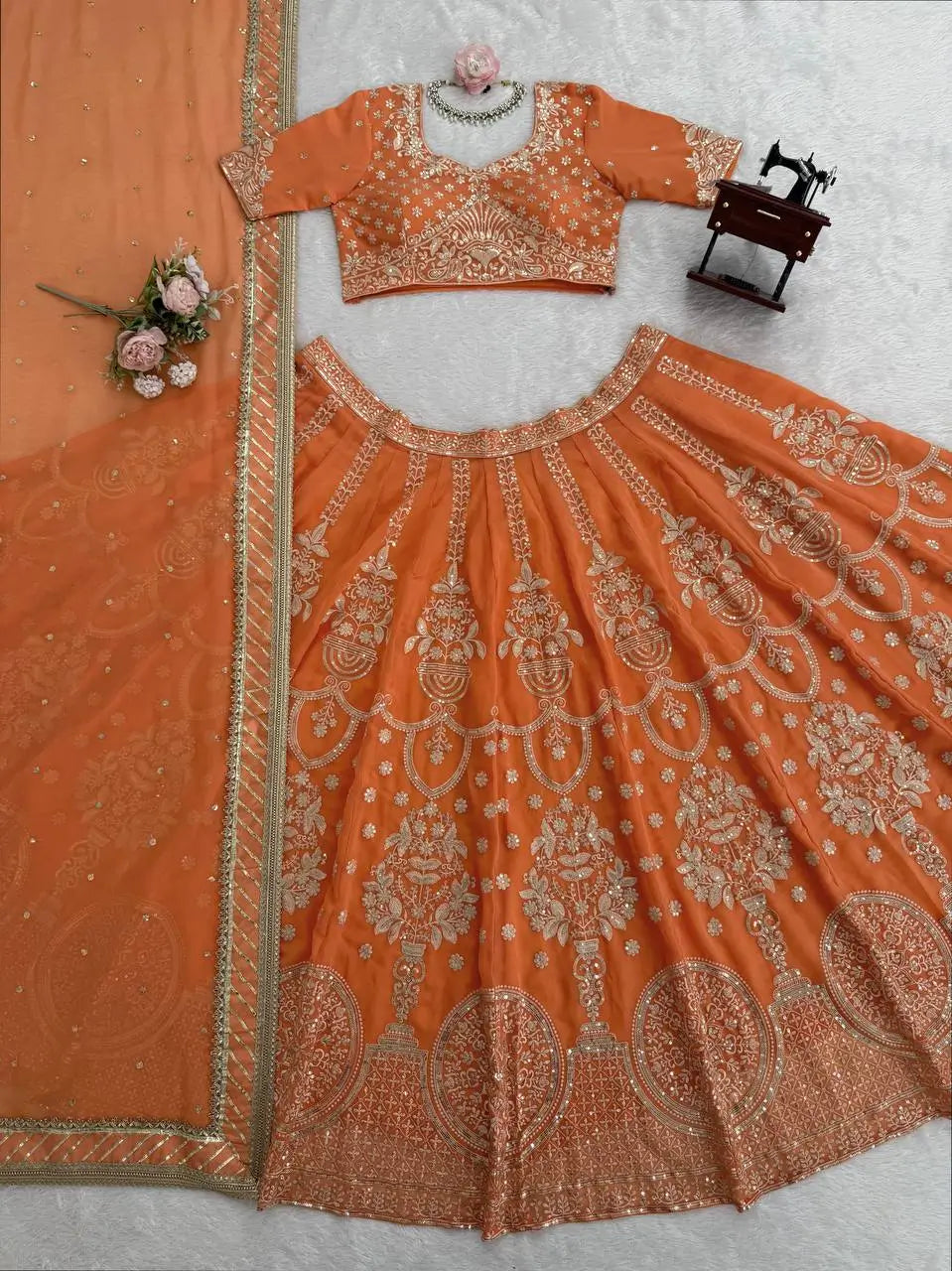 Peach Faux Georgette Thread Sequin Embroidered Lehenga Choli with Dupatta | Wedding Party Wear