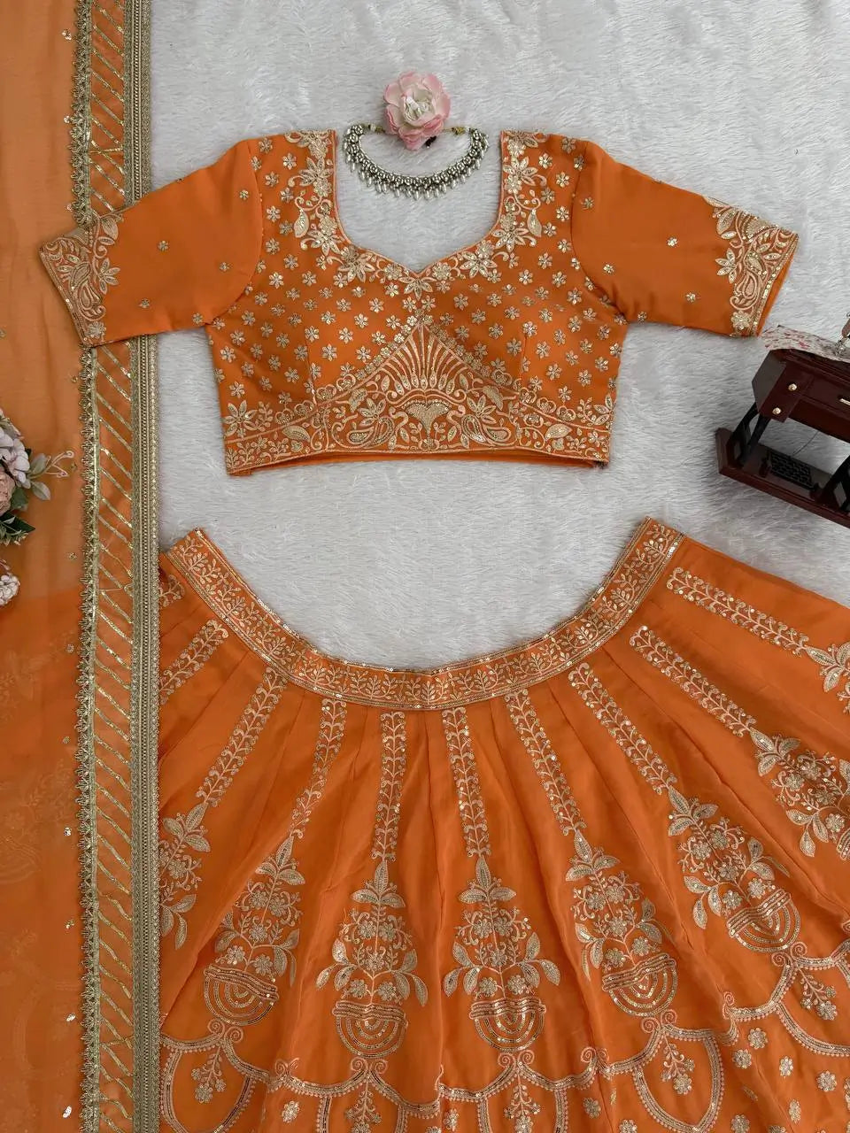 Peach Faux Georgette Thread Sequin Embroidered Lehenga Choli with Dupatta | Wedding Party Wear