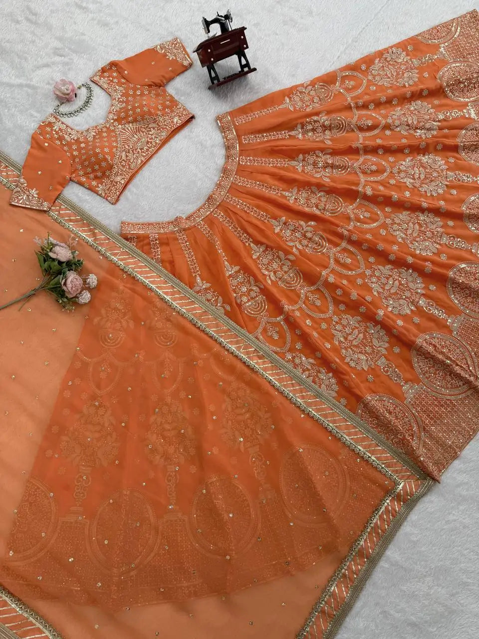 Peach Faux Georgette Thread Sequin Embroidered Lehenga Choli with Dupatta | Wedding Party Wear