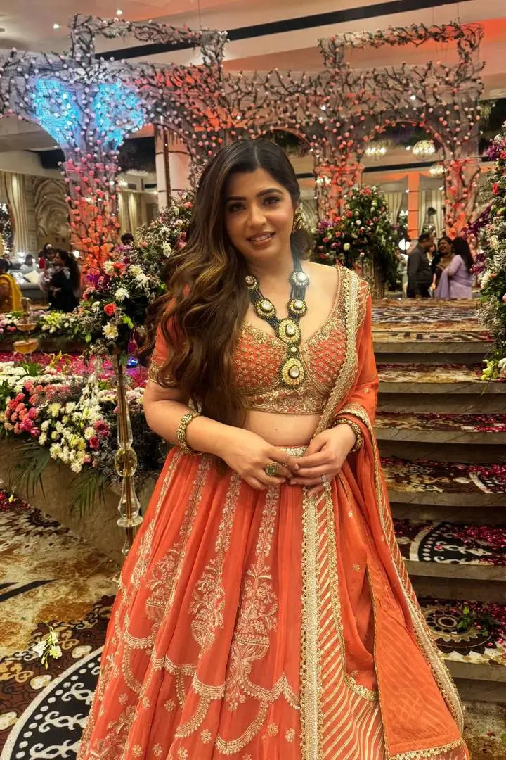 Peach Faux Georgette Thread Sequin Embroidered Lehenga Choli with Dupatta | Wedding Party Wear