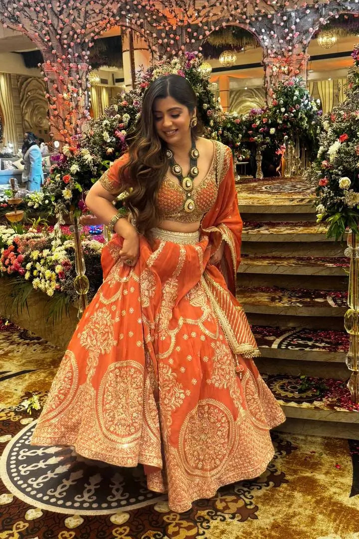 Peach Faux Georgette Thread Sequin Embroidered Lehenga Choli with Dupatta | Wedding Party Wear