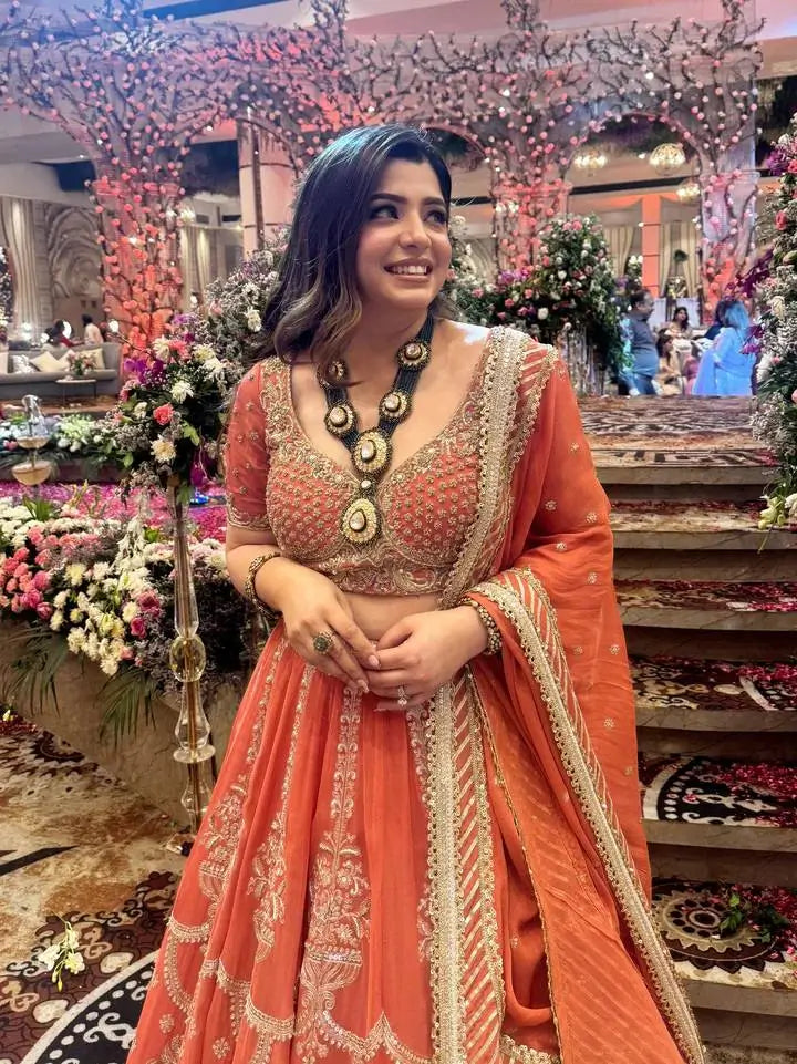 Peach Faux Georgette Thread Sequin Embroidered Lehenga Choli with Dupatta | Wedding Party Wear