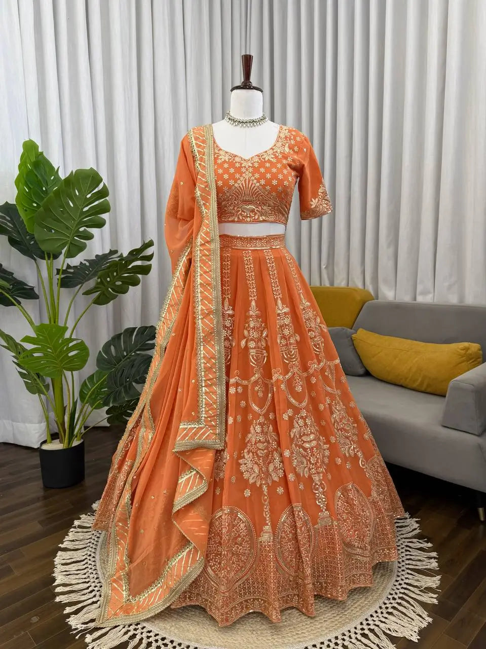 Peach Faux Georgette Thread Sequin Embroidered Lehenga Choli with Dupatta | Wedding Party Wear