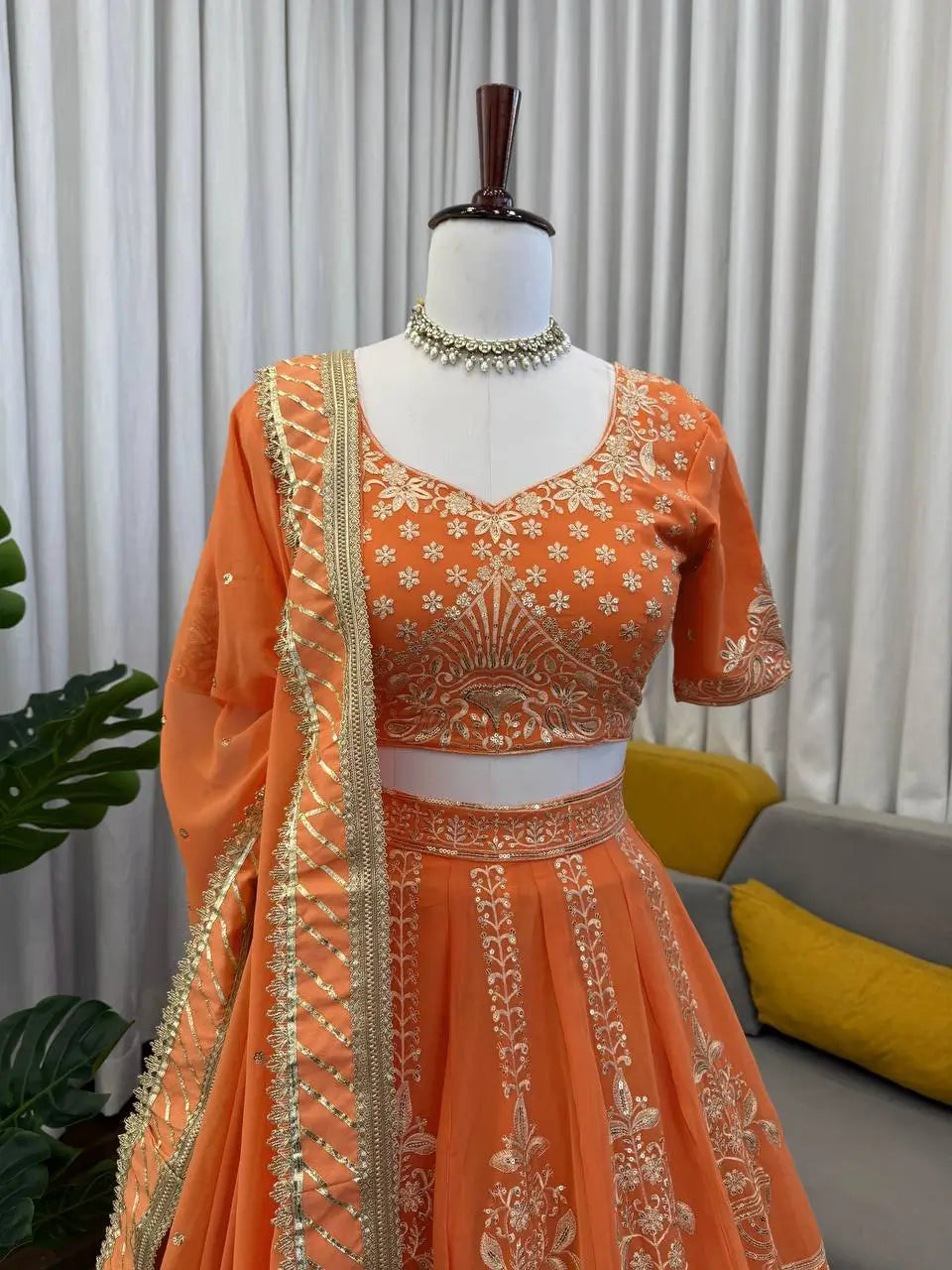 Peach Faux Georgette Thread Sequin Embroidered Lehenga Choli with Dupatta | Wedding Party Wear