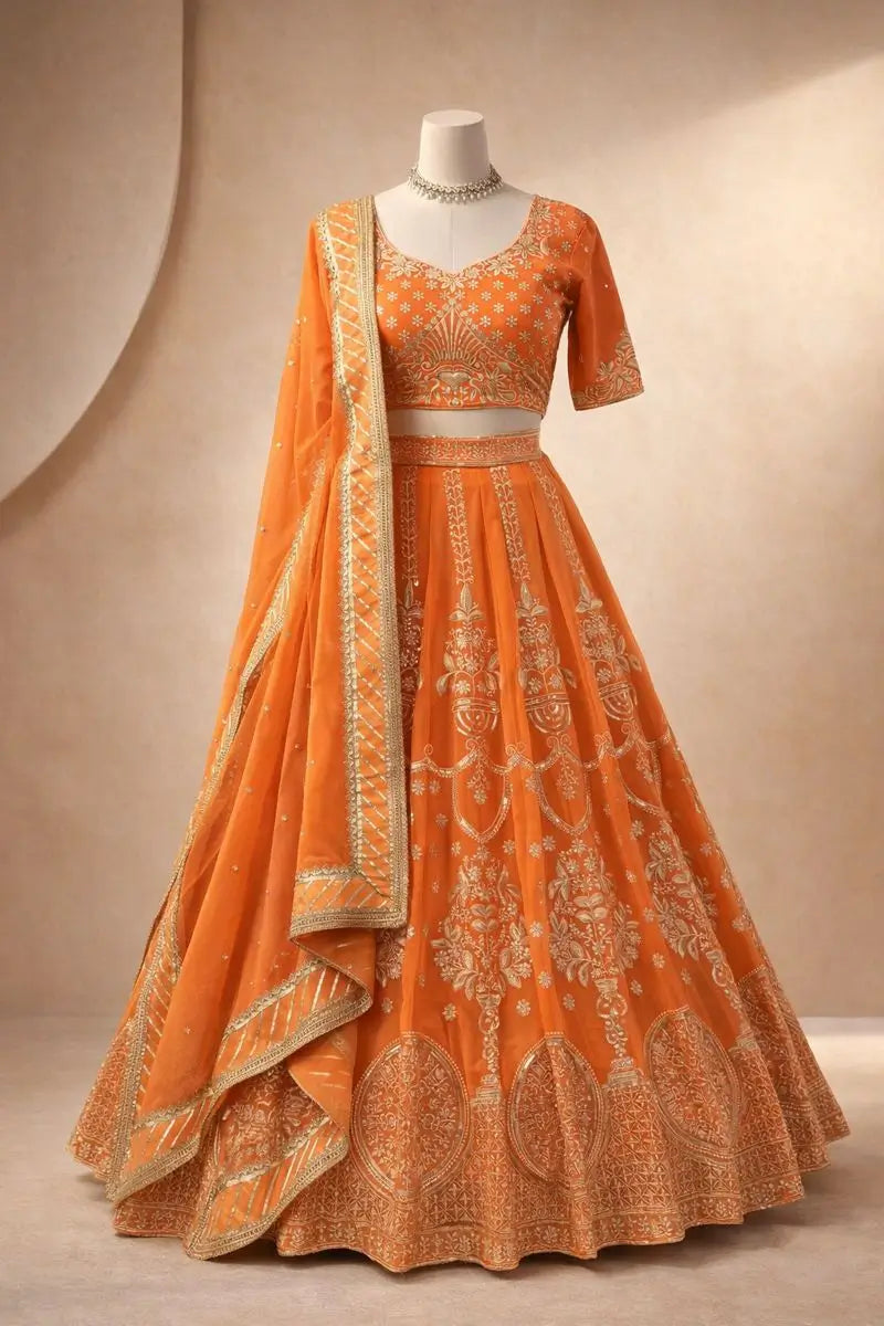 Peach Faux Georgette Thread Sequin Embroidered Lehenga Choli with Dupatta | Wedding Party Wear