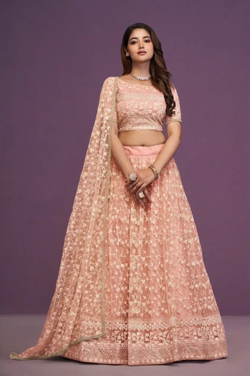 Peach Net Embroidered Lehenga Choli Set