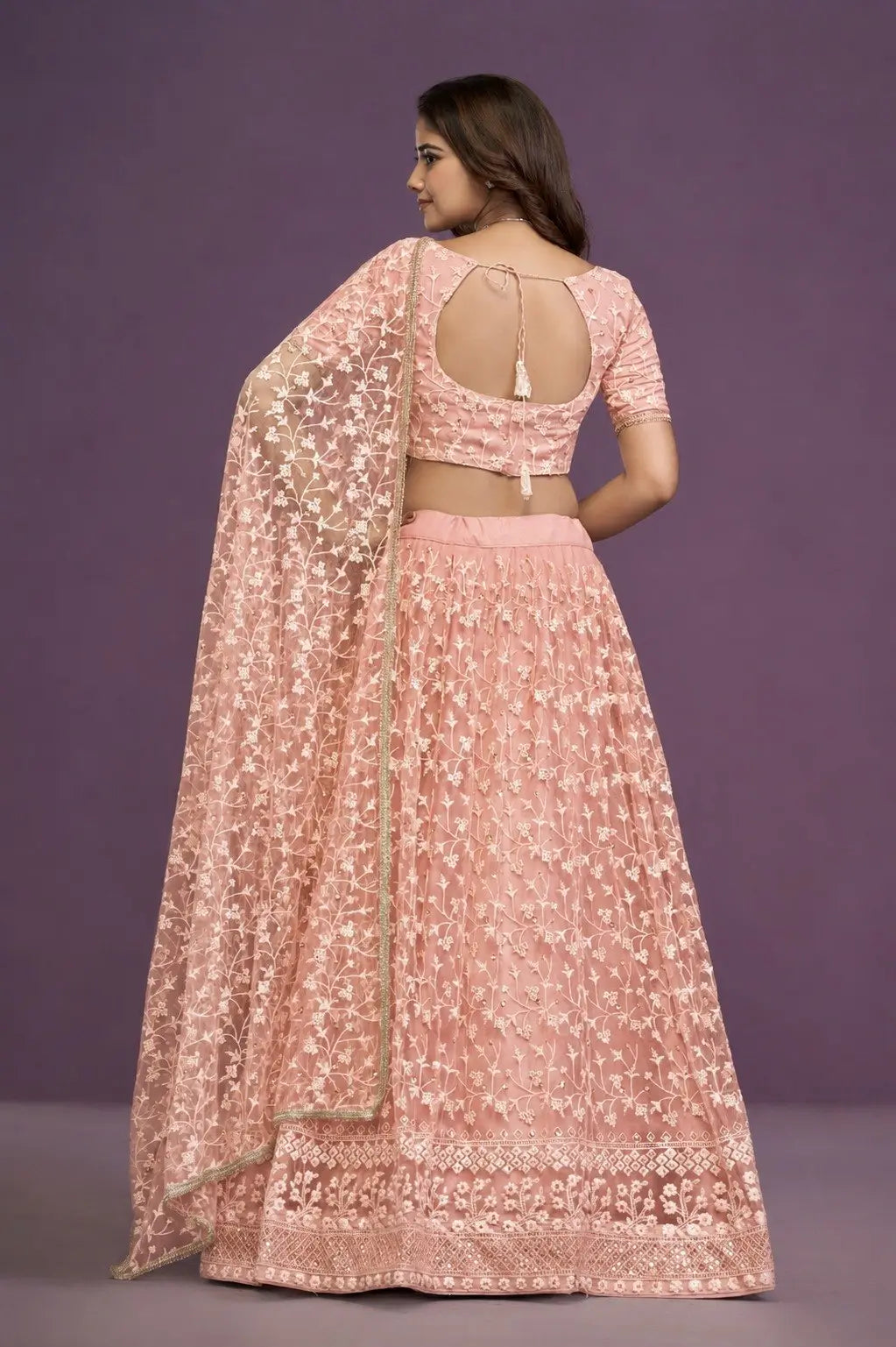 Peach Net Embroidered Lehenga Choli Set