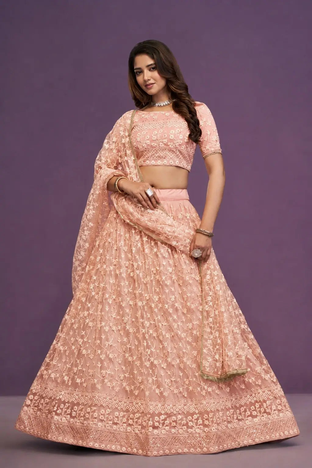 Peach Net Embroidered Lehenga Choli Set