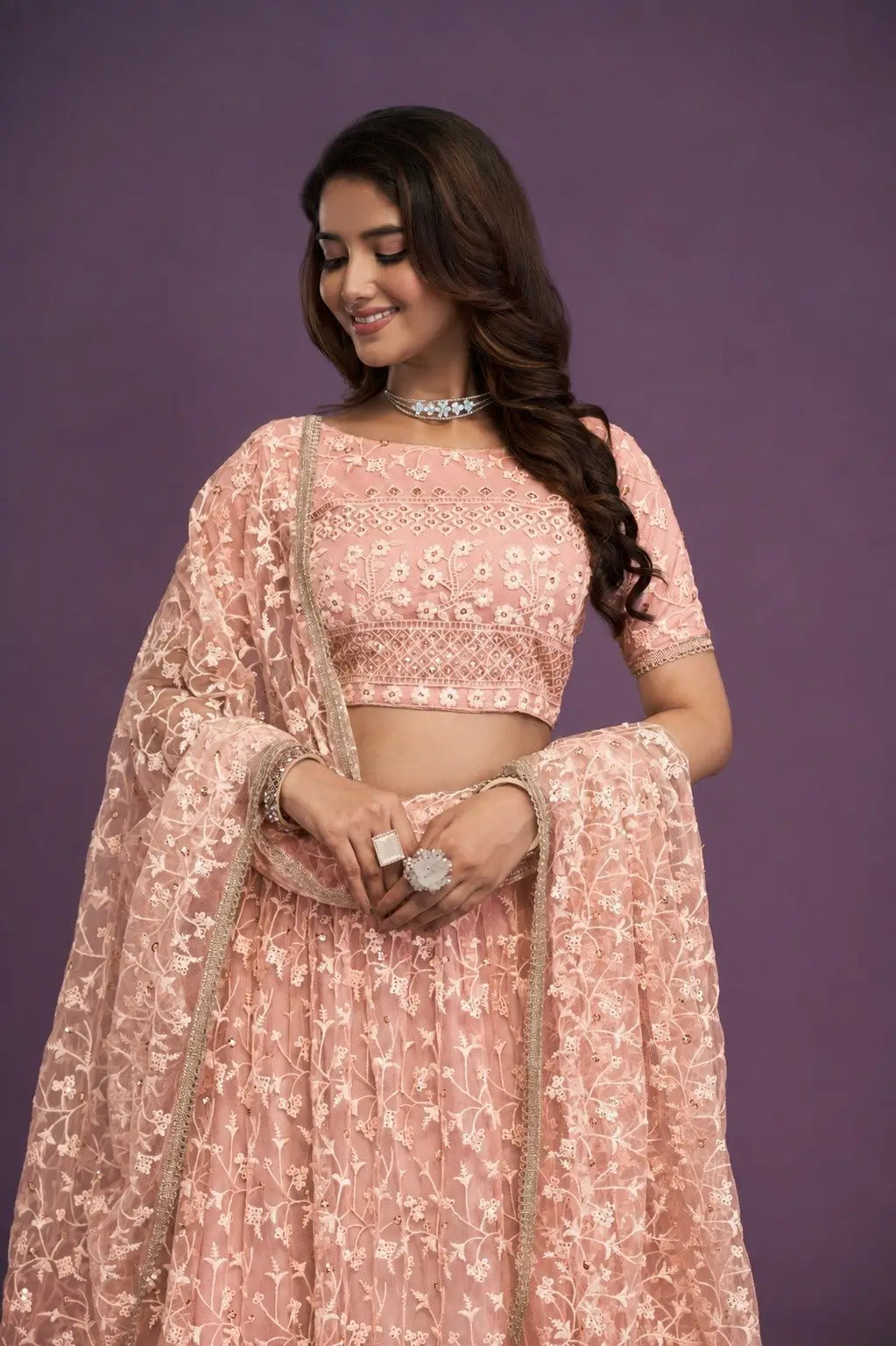 Peach Net Embroidered Lehenga Choli Set