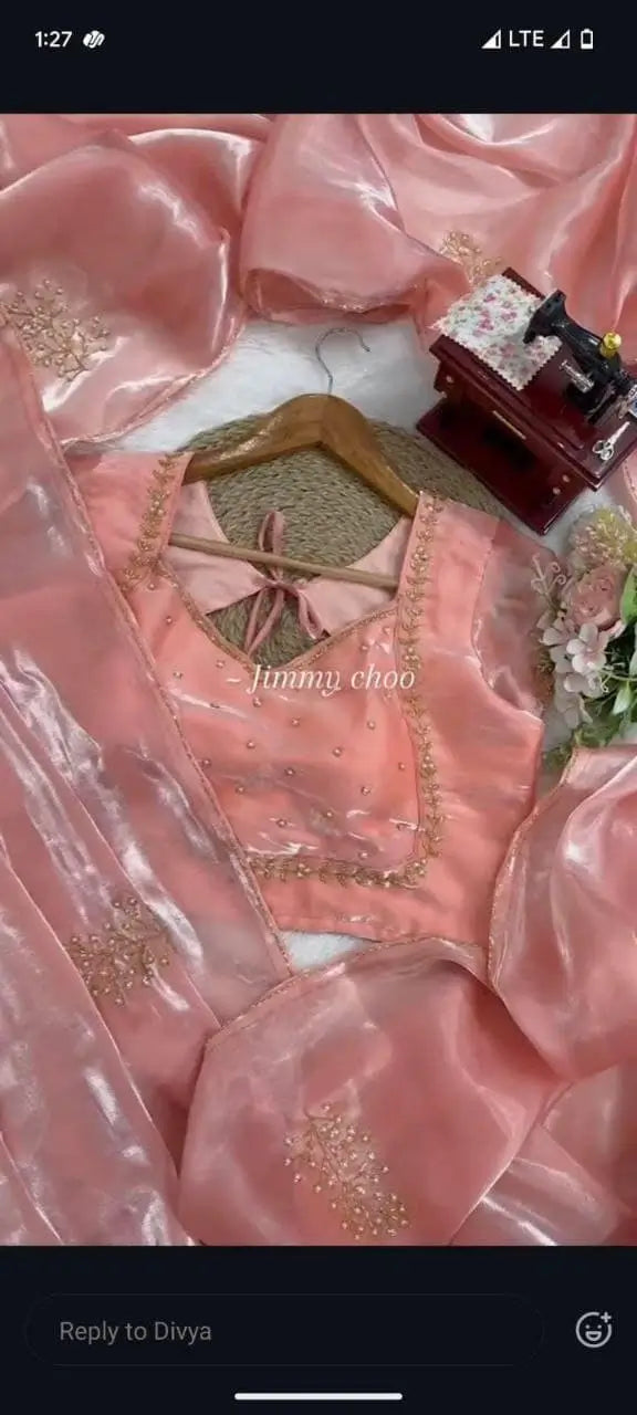 Peach Pink Organza Silk Saree with Cut Dana Hand Work, Golden Moti Border & Blouse Piece