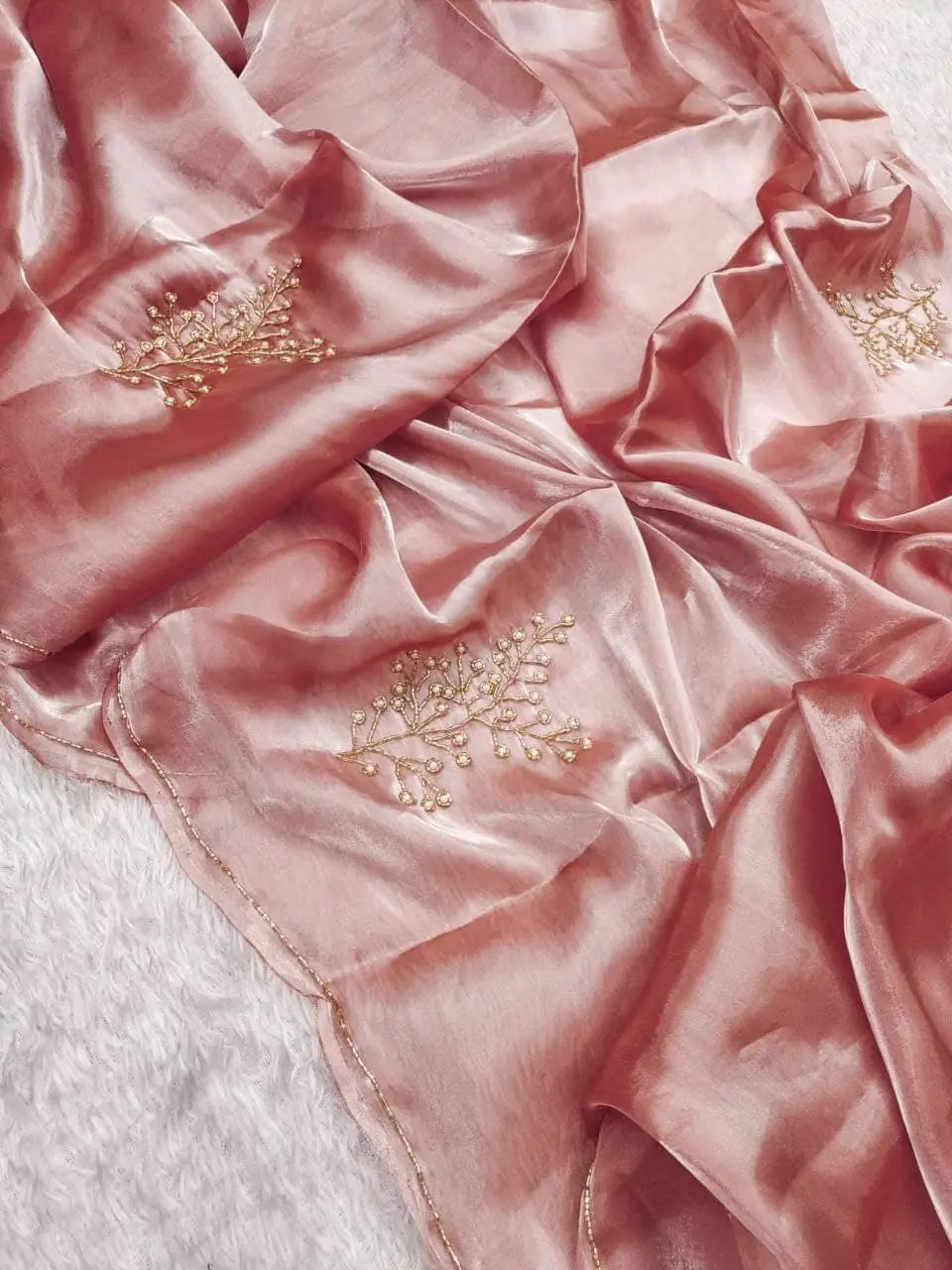 Peach Pink Organza Silk Saree with Cut Dana Hand Work, Golden Moti Border & Blouse Piece