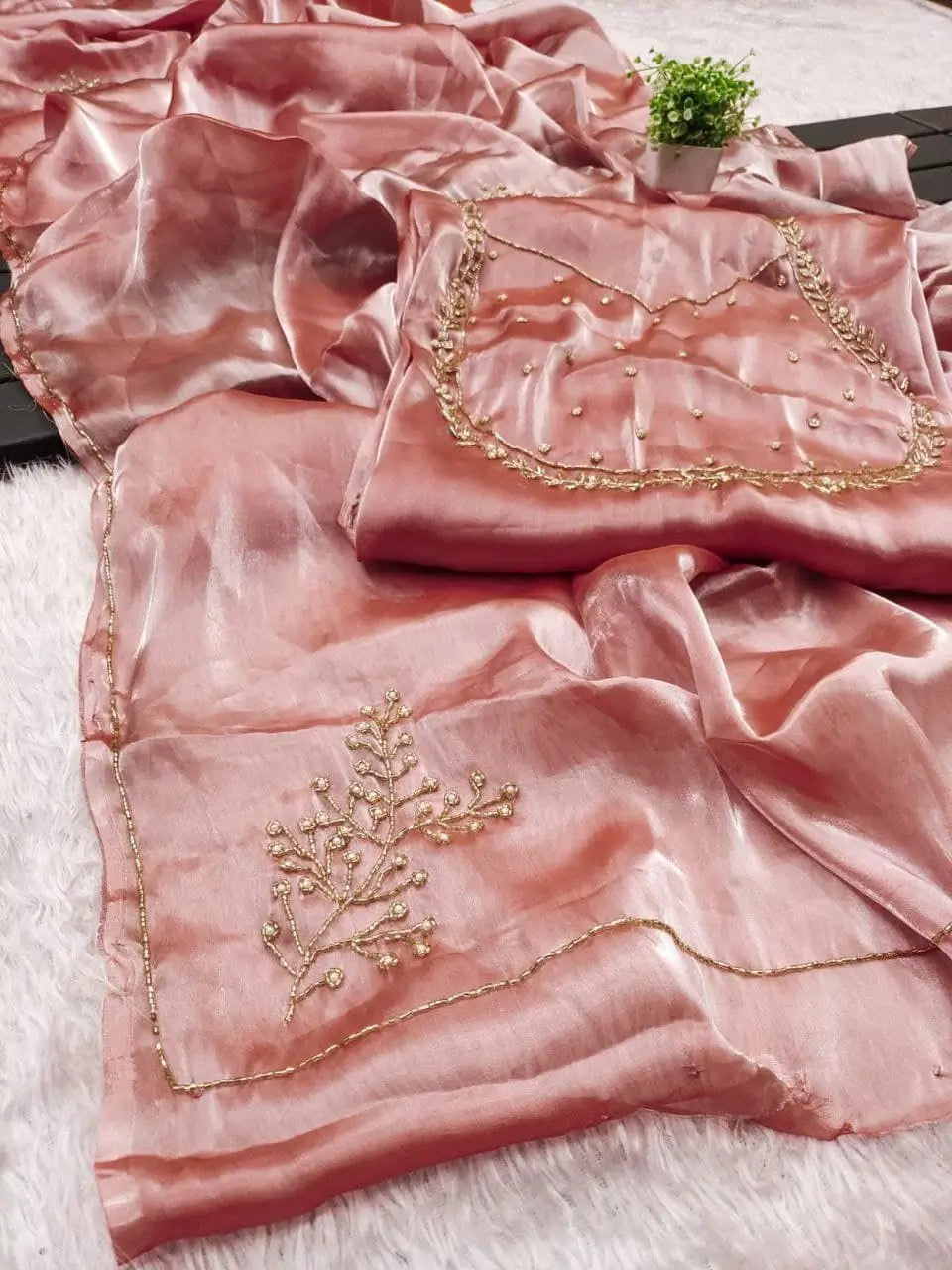 Peach Pink Organza Silk Saree with Cut Dana Hand Work, Golden Moti Border & Blouse Piece