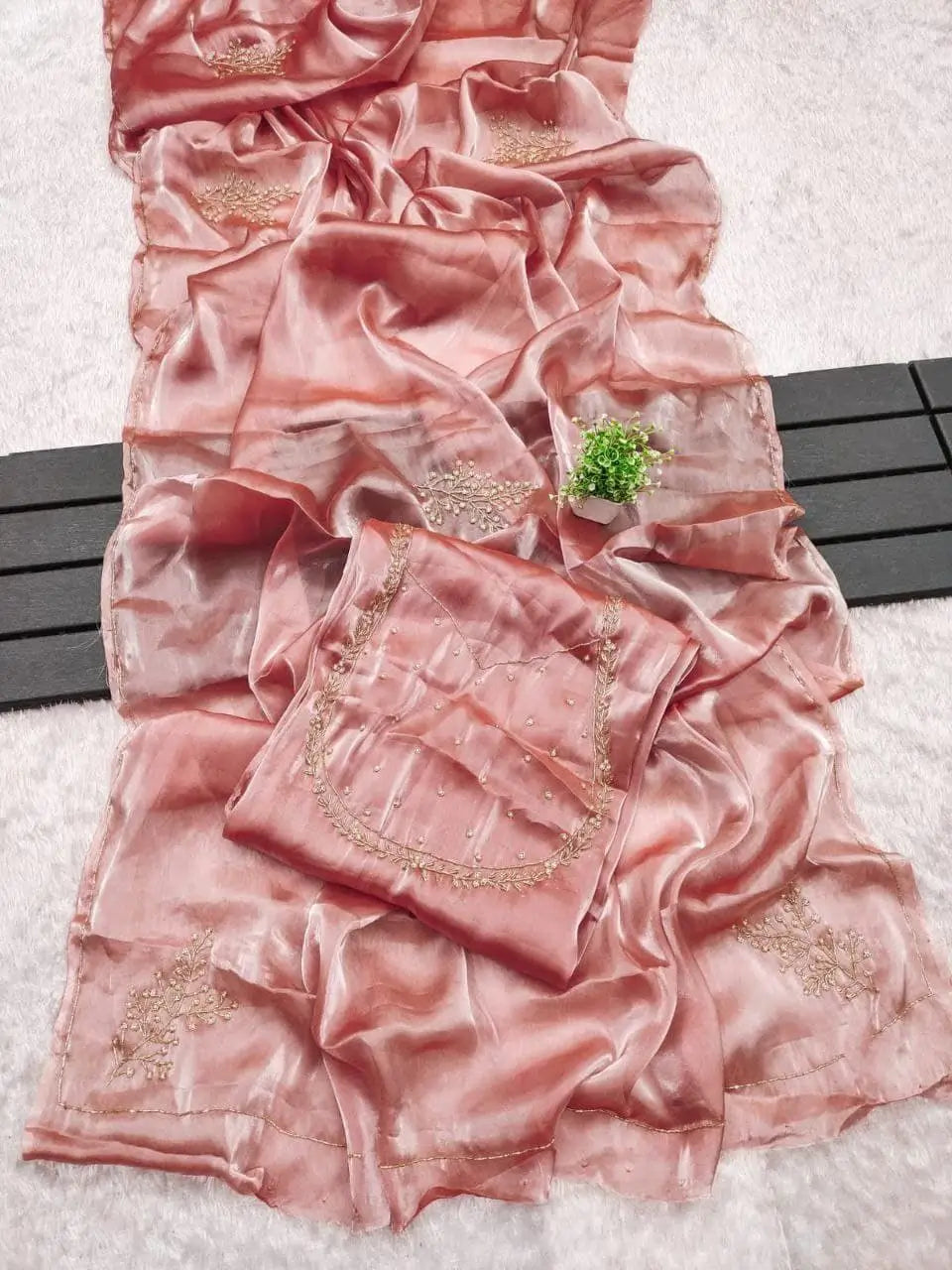 Peach Pink Organza Silk Saree with Cut Dana Hand Work, Golden Moti Border & Blouse Piece