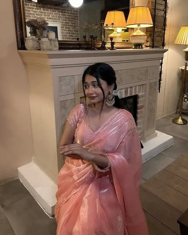 Peach Pink Organza Silk Saree with Cut Dana Hand Work, Golden Moti Border & Blouse Piece