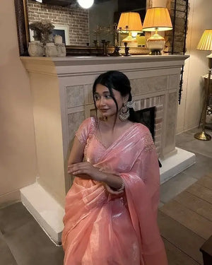 Peach Pink Organza Silk Saree with Cut Dana Hand Work, Golden Moti Border & Blouse Piece